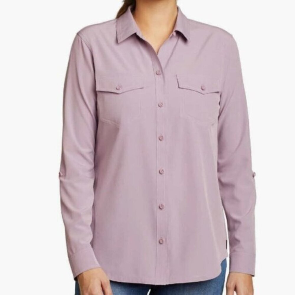 Eddie Bauer Women's Travel Shirt size XL Roll Tab Sleeve Button Down Purple NWT